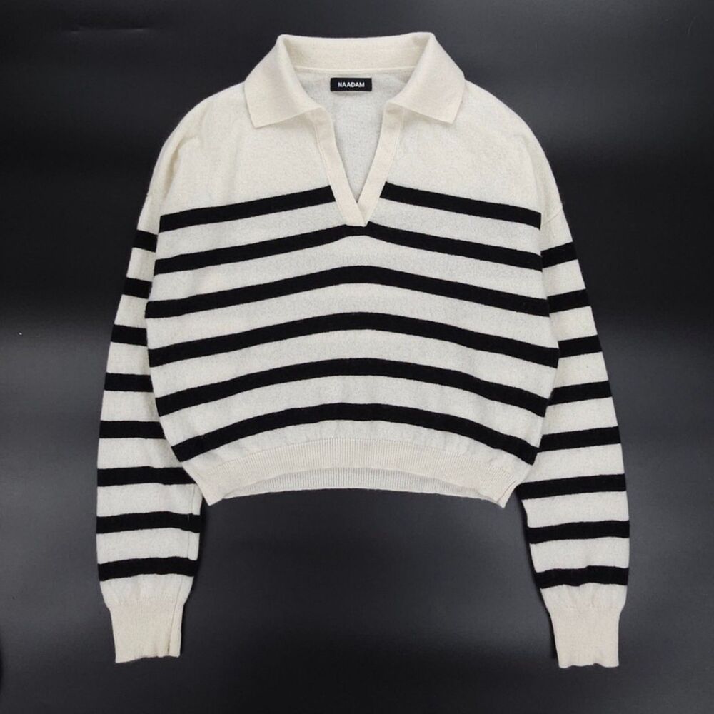 NAADAM Signature Cashmere Polo Sweater Cream Stripe Minimal Lounge Clean Girl